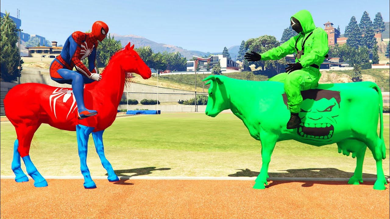 Team Horse Spider Man vs Squid Game Cow Hulk On Bridge Spider Superhero Animals Dance Funny Cow Game
