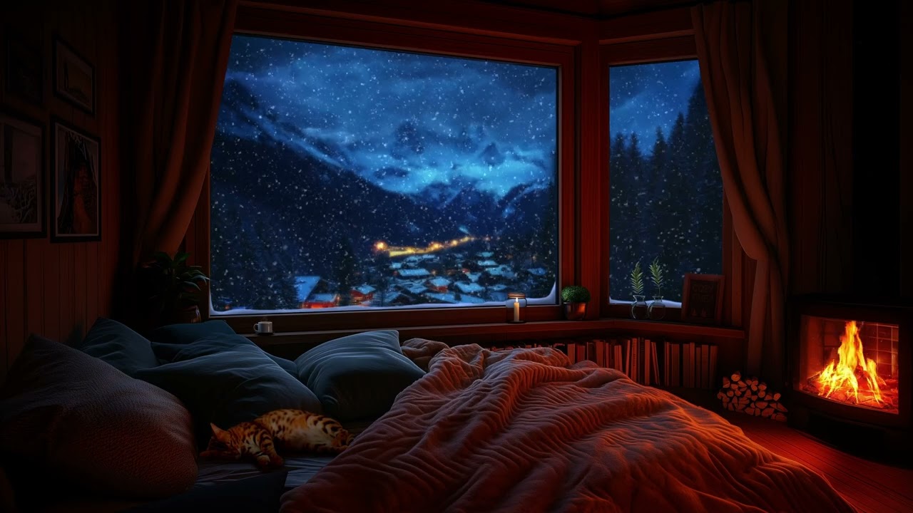 Snowy Winter Evening in a Cozy Cabin | Crackling Fireplace, Sleeping Cat & Warm Village View