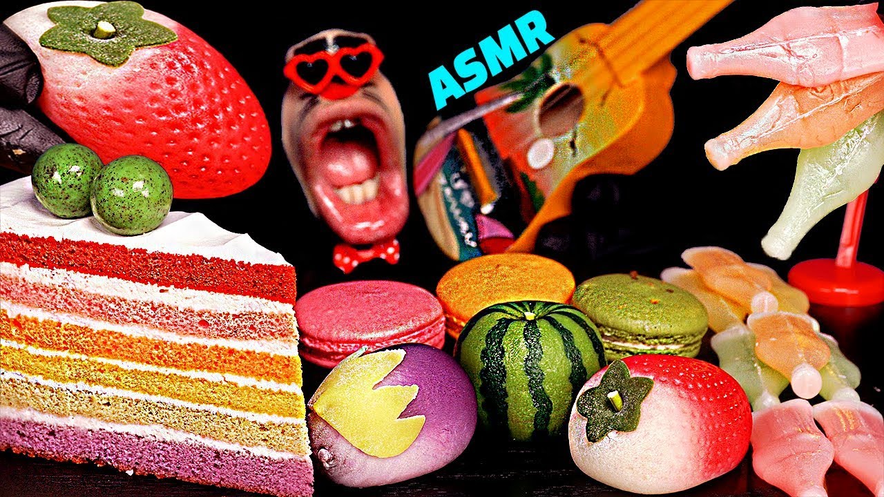 Радужный пирог ASMR, фруктовый моти, «NIK-L-NIPS», макарон, едят звук! 🌈