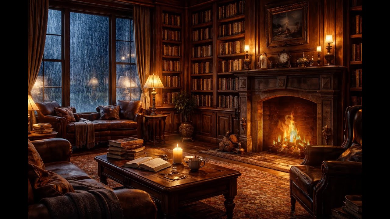 COZY LIBRARY AMBIENCE, Fireplace sounds/ 1 hour / Reading, Study, Relax