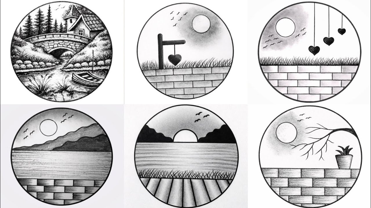 Easy 6 Circle Scenery Drawing Ideas / Pencil Drawing / Circle Drawing Scenery / Nature Landscaperaw