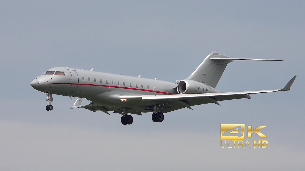 (4K) Bombardier Global 6000 from VistaJet 9H-VJQ arrival at Munich Airport MUC EDDM