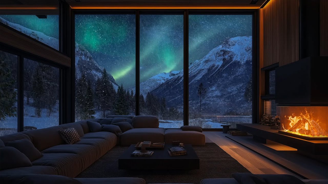 Winter Wind & Fireplace Ambience ❄️🔥 Aurora Night ASMR – Rest, Unwind & Sleep