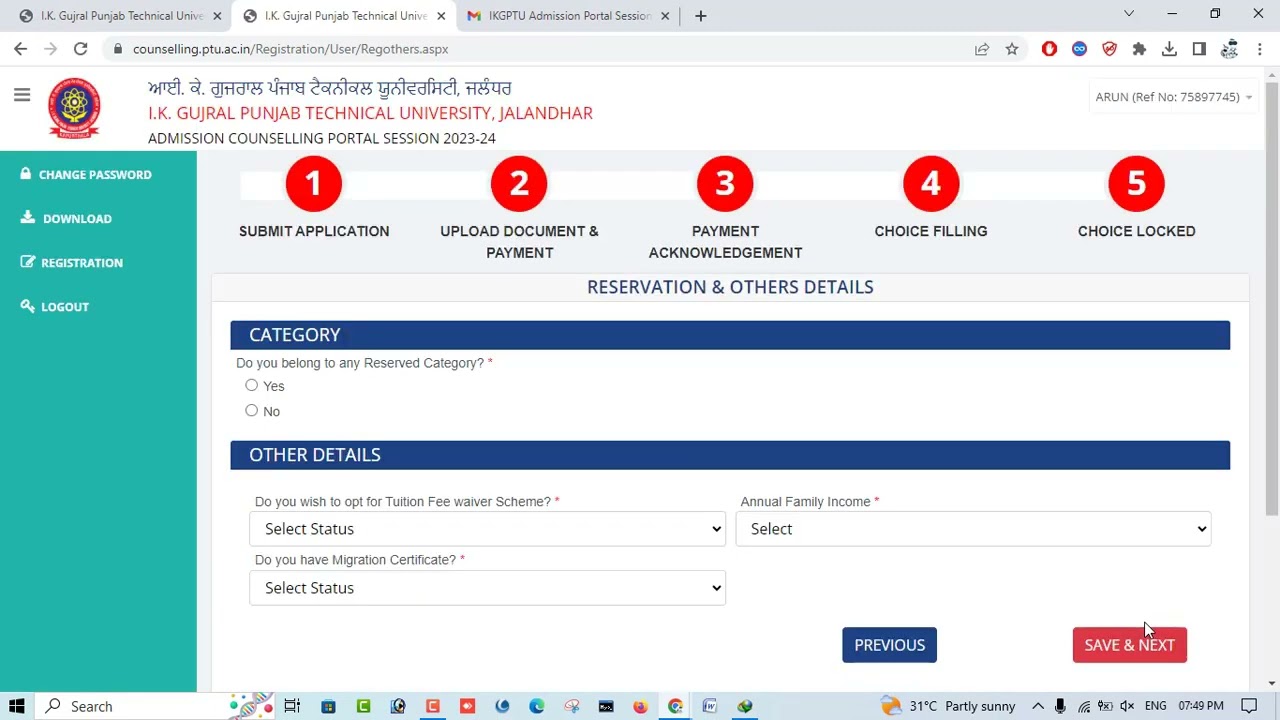 PTU B.Pharmacy Online Registration Steps With Choice Filling, Correction, and Fee Payment