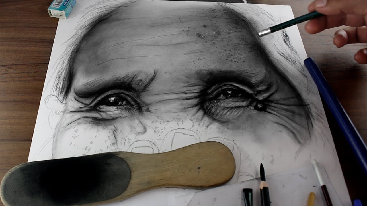 Como Dibujar Piel y Textura De Una Abuelita - Lápiz Carboncillo Charcoal