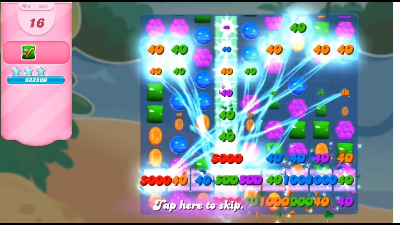 Candy Crush Saga level 281 no boosters sugar stars 16 moves left 1.45 million new