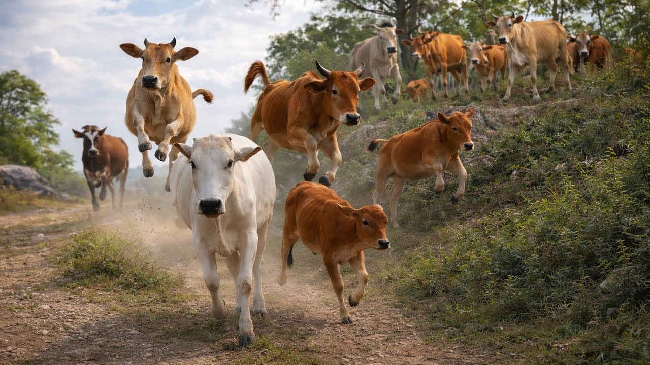 A joyful herd of gentle cattle happily runs and leaps down the mountain