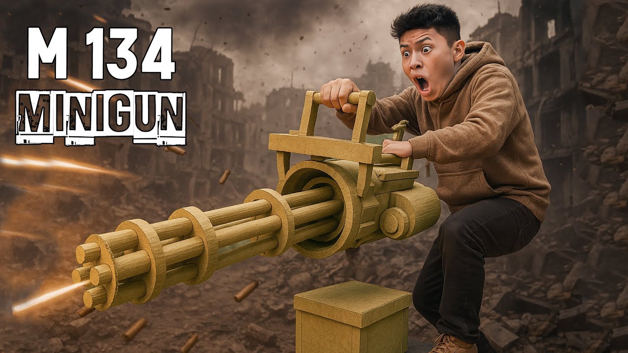 Como hacer MINIGUN con carton nivel Di0S | Cardboard M134 Handheld Minigun | Arming