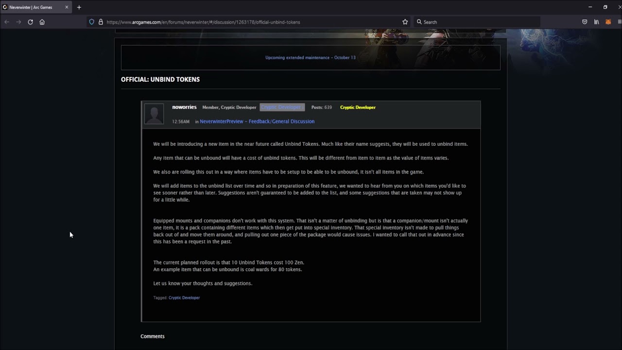 Neverwinter - Unbind Tokens ARE Coming into the Game!