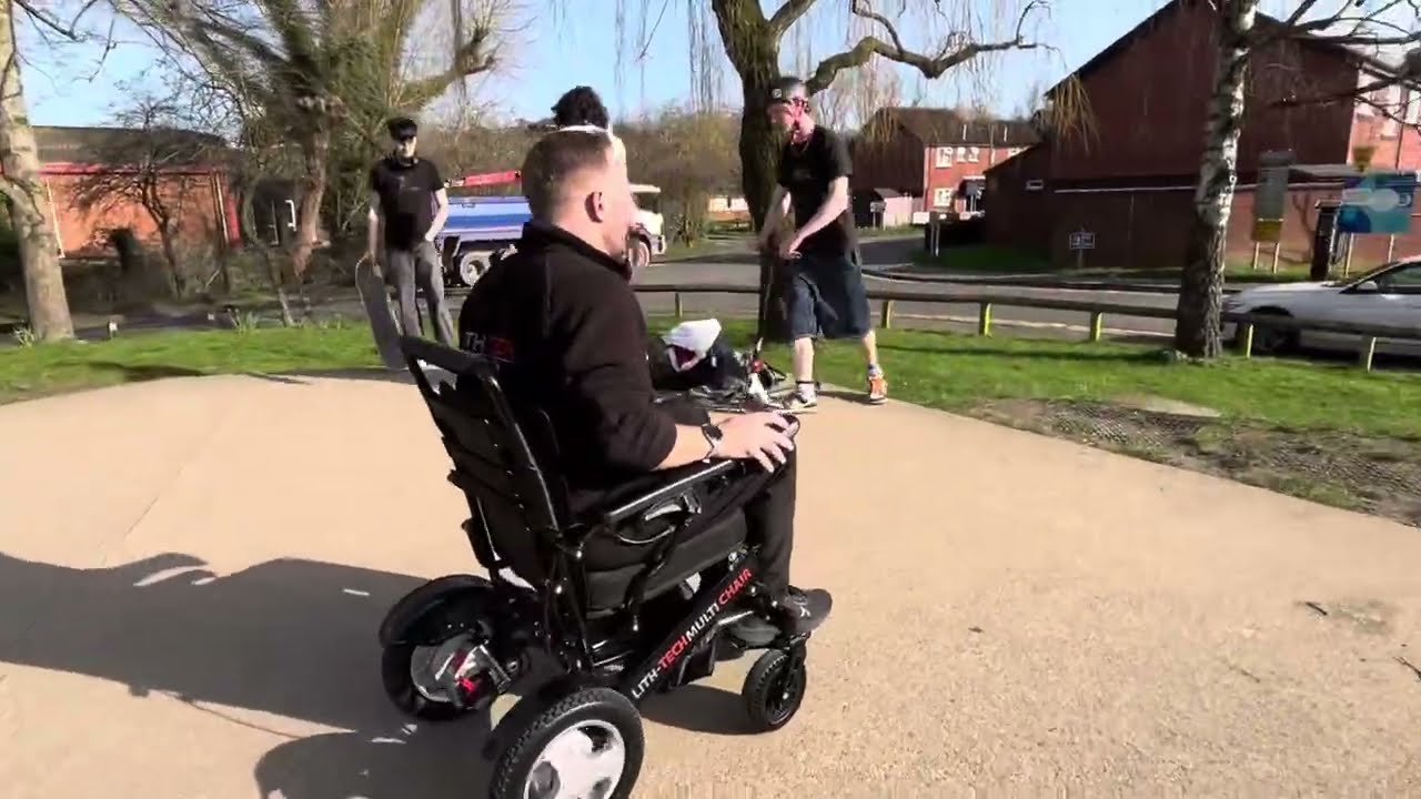 Best affordable folding powerchair tackles long grass and skate ramps. The LITH-TECH MULTI CHAIR  