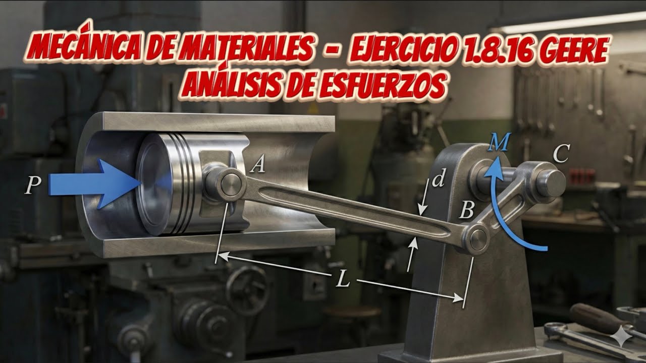 Solución ejercicio 1.8.16 Mecanica de materiales GEERE.  Explicación análisis biela cigüeñal 