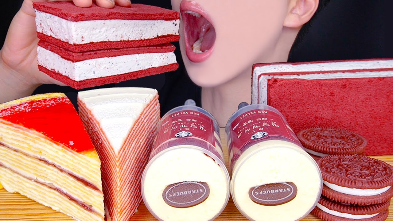ASMR RED VELVET ICE CREAM CREPE CAKE OREO MUKBANG 레드벨벳 아이스크림 크레이프 케이크 먹방 ケーキ ES KRIM EATING SOUNDS