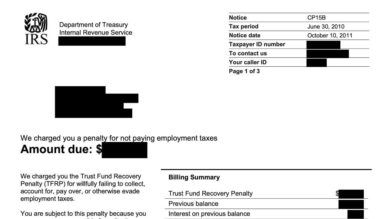 How to Understand Your CP15B Notice (Trust Fund Recovery Penalty for not paying employment taxes)