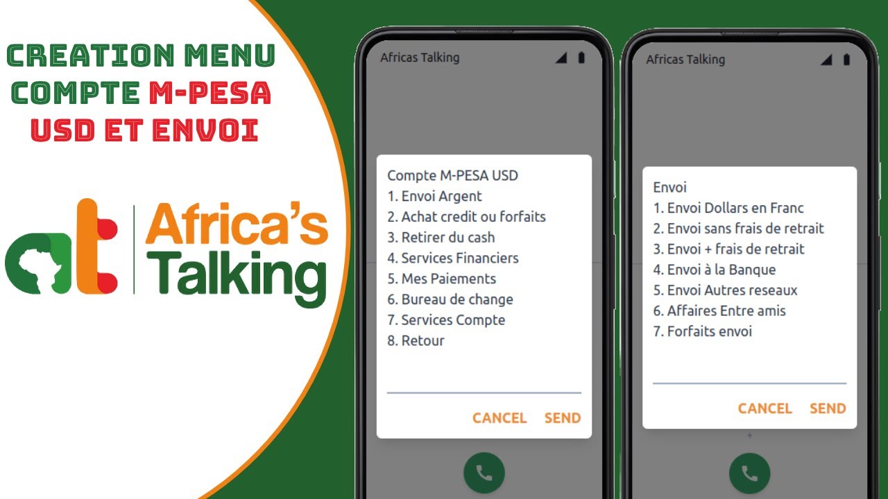 Clone menu USSD du mobile money M-PESA de la RDC :  Création Menu M-PESA USD & Envoi argent.