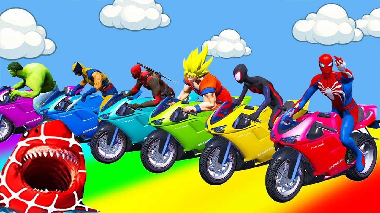 Superhero Race Showdown in GTA V! SPIDER-MAN on Motorcycle in Spiral Bridge Stunt Ride!