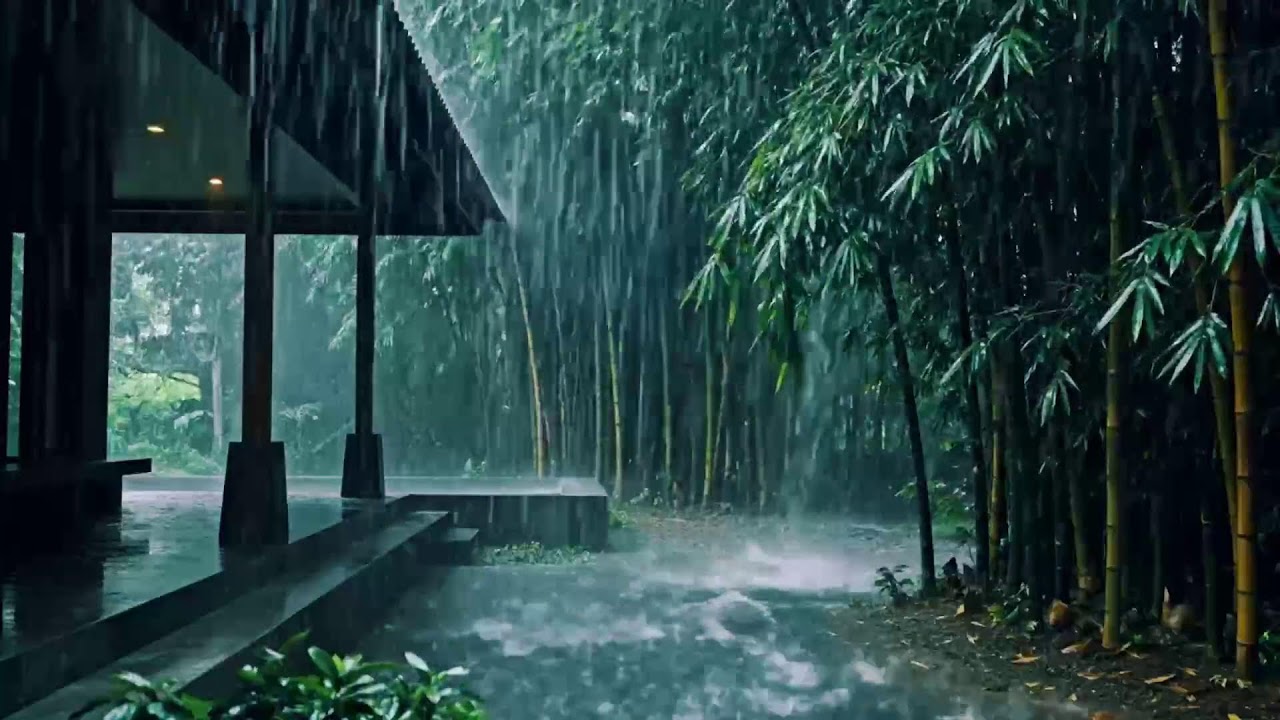 ASMR Peaceful Heavy Rain Falling the Home Terrace Surrounded by Green Bamboo the Sheltered Sleep 19