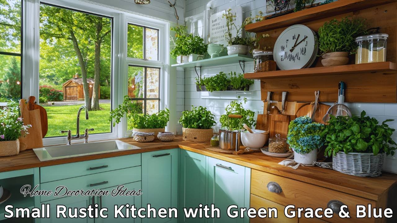 Summer Farmhouse Magic! Transform Your Small Rustic Kitchen with Green Grace & Blue Accents