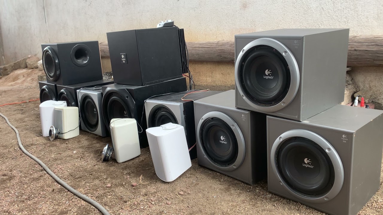 10x Logitech Subwoofers outdoor bass test!