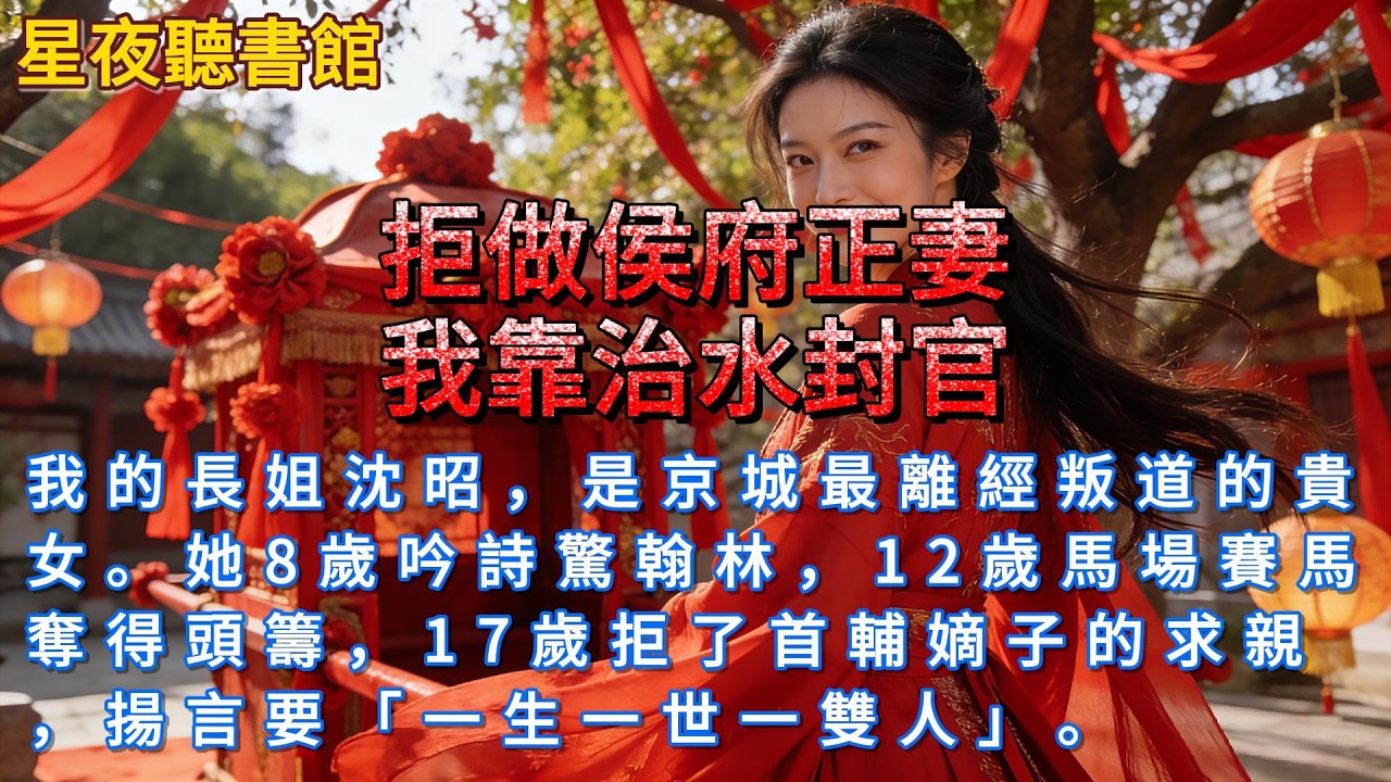 《拒做侯府正妻，我靠治水封官》我的長姐沈昭，是京城最離經叛道的貴女。她8歲吟詩驚翰林，12歲馬場賽馬奪得頭籌，17歲拒了首輔嫡子的求親，揚言要「一生一世一雙人」。#一口氣看完 #小說推文 #有聲小說