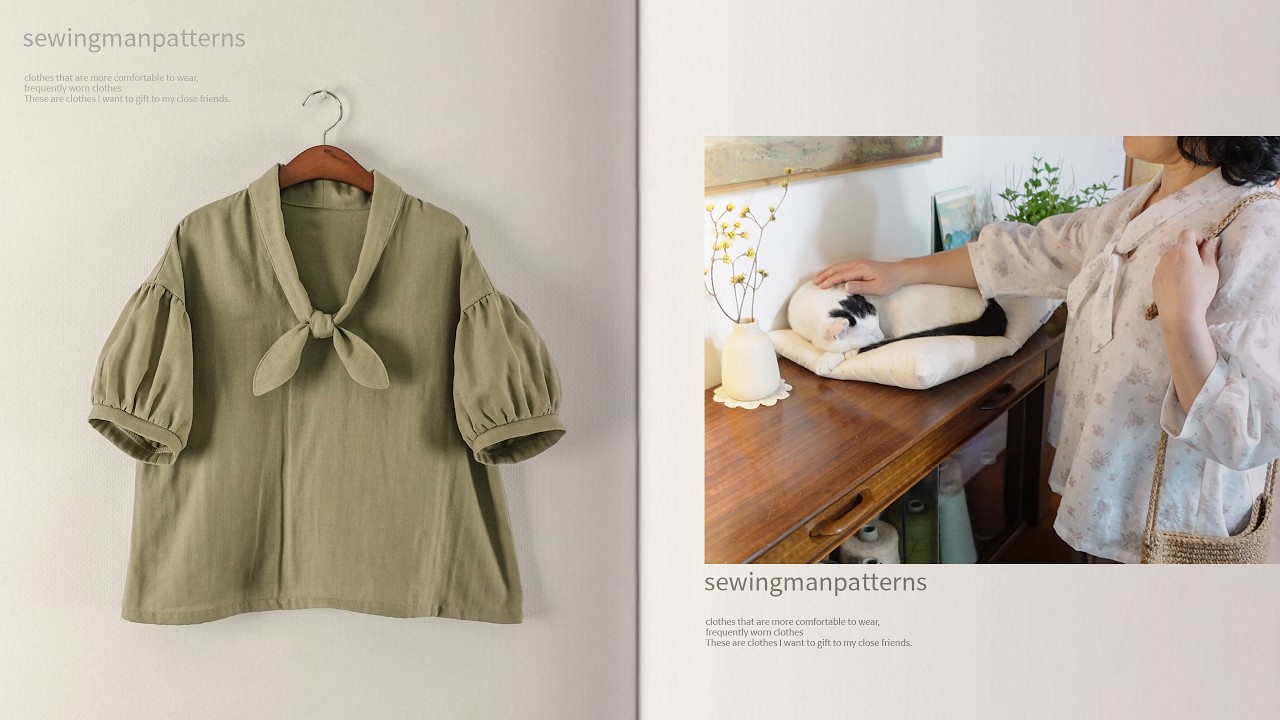 mb178 타이 칼라 퍼프소매 블라우스 소잉 패턴  Tie Front Puff Sleeve Blouse Sewing Pattern