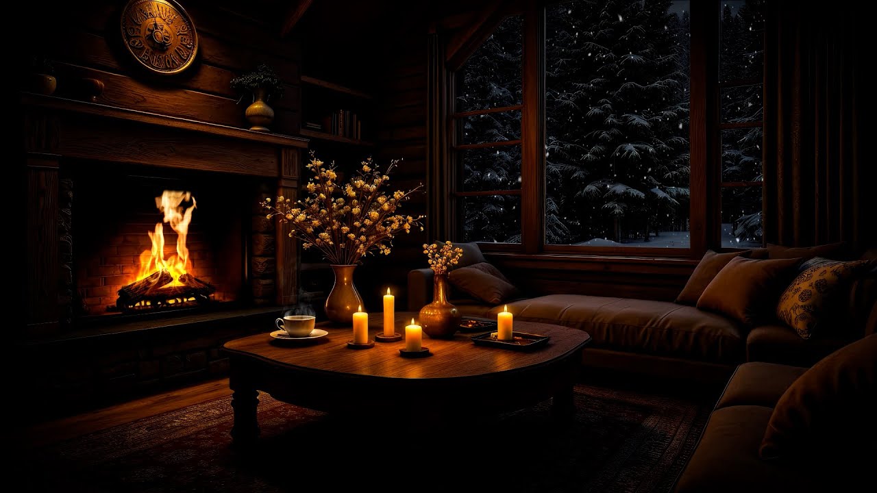 Midnight Snowy Cabin Fireplace • Soft Piano Music with Gentle Fire & Wind for Deep Sleep