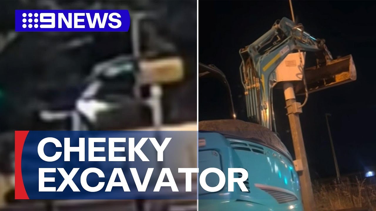 Brazen moment driver uses excavator bucket to block speed camera | 9 News Australia