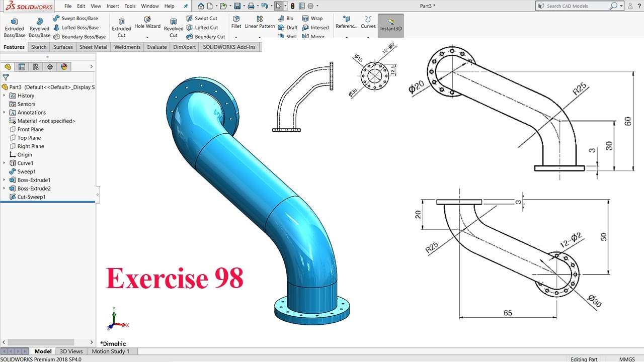 Curved Pipe With Flange | Solidworks Tutorial For Beginners | Exercise No. 98