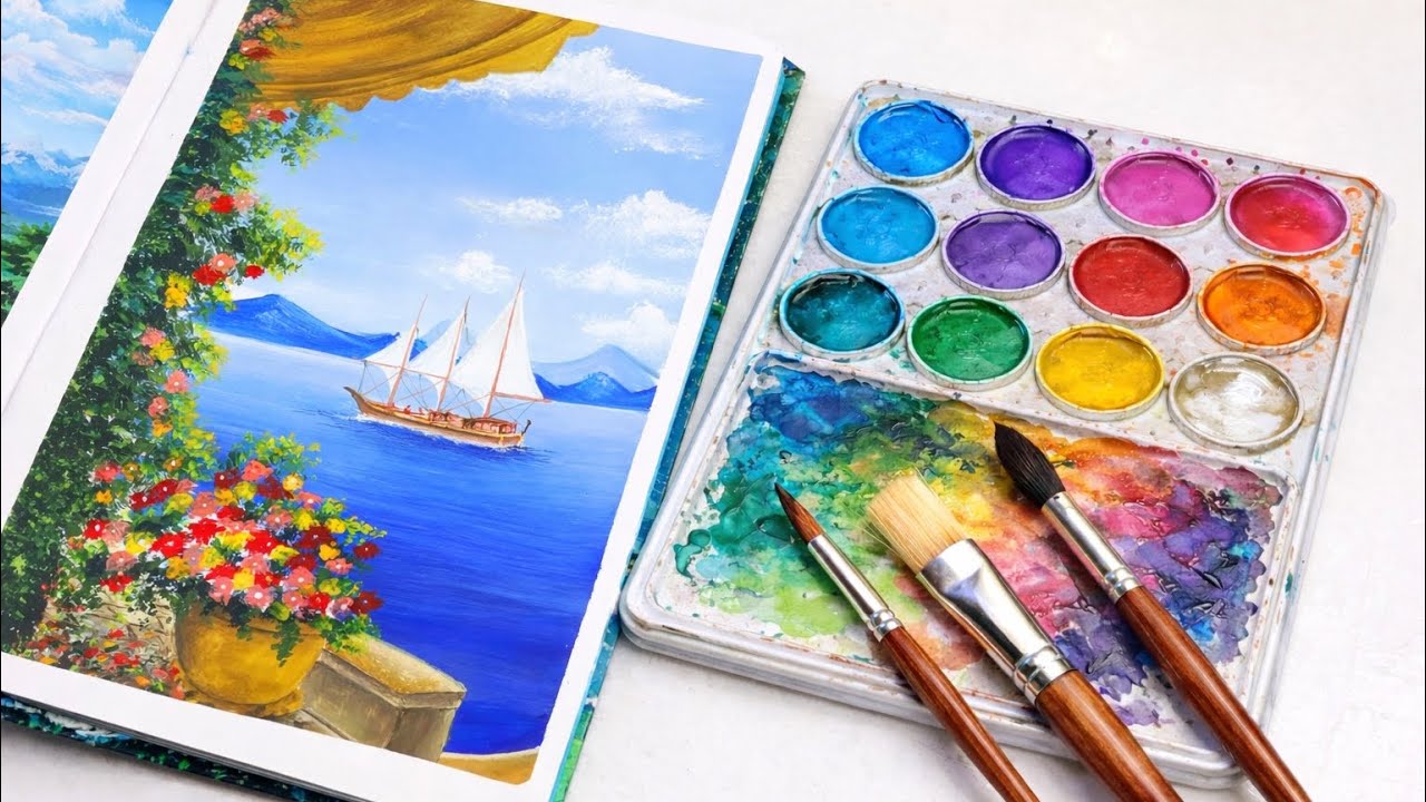 Relaxing Seaside Landscape Painting Tutorial | Step by Step Acrylic Painting