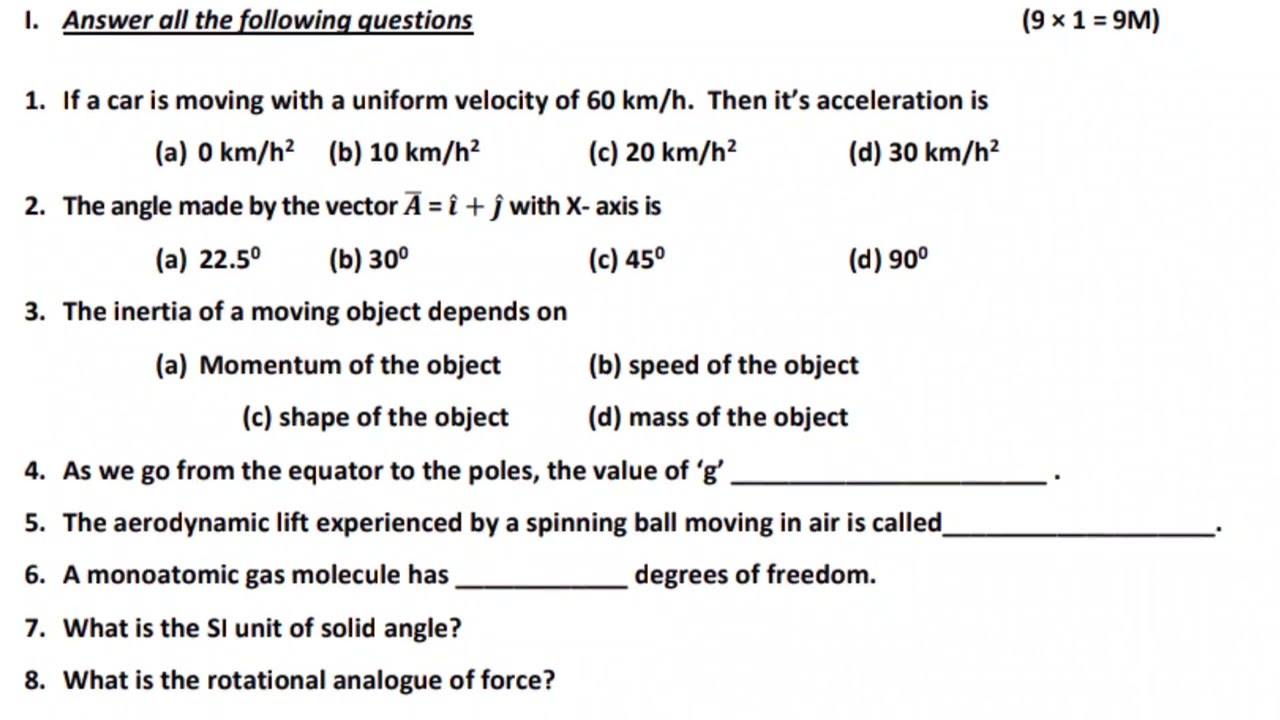 Inter 1st year physics pre final paper 2 exam real question paper (Inter 1st year physics exam )