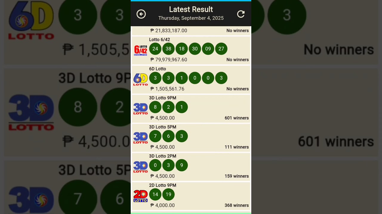 9pm lotto result today September 4,2025 all draw result