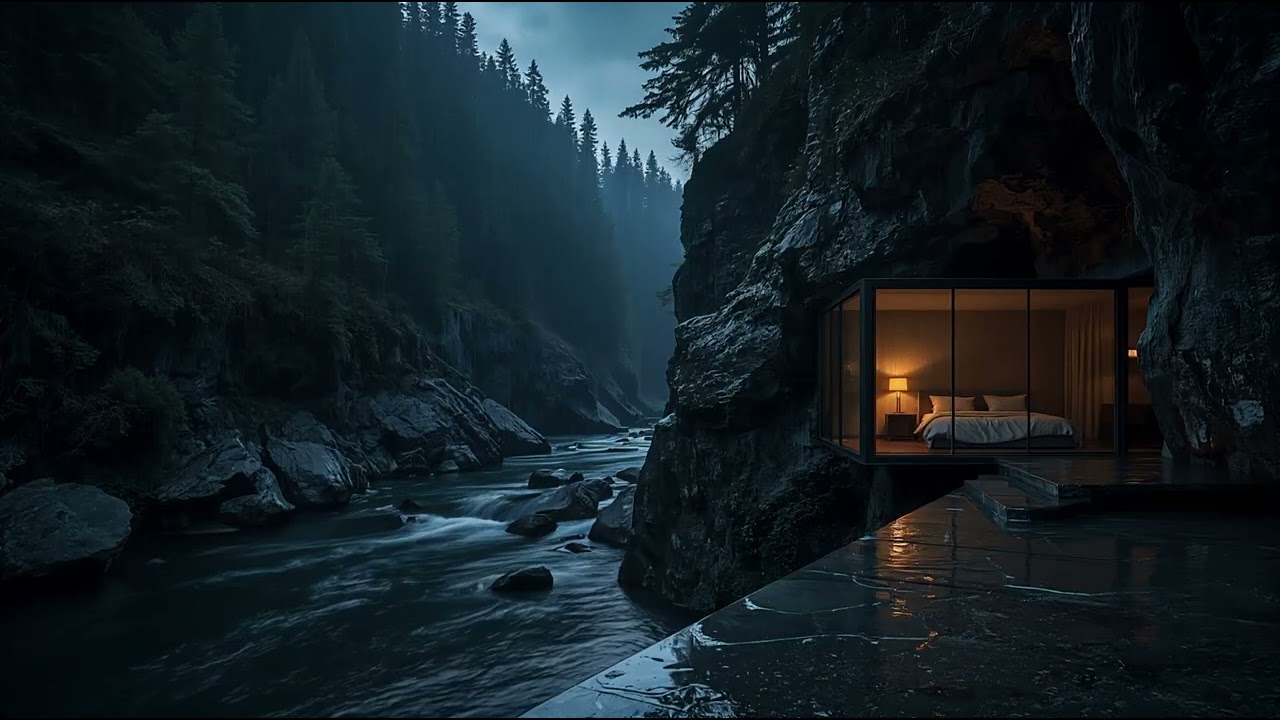 🌊 River Sounds for Deep Sleep – Cliffside Mountain Night | No Thunder