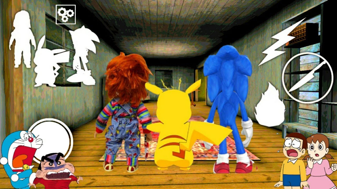 Chucky, Pikachu, Sonic Banke Kiya Helicopter Escape in Granny Chapter Two With Doraemon Friends