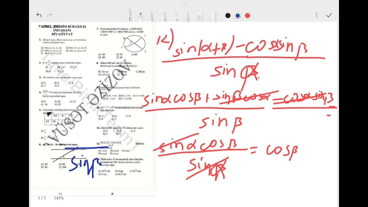 7 aprel 2019 Buraxılış imtahanı Riyaziyyat sualları