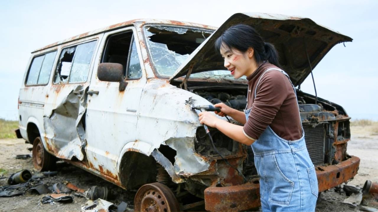 💡天才女孩整修撞毁生锈的面包车，外壳撞毁冒烟，一个月时间修复如新性能更威猛！A genius girl repairs a van！#diy