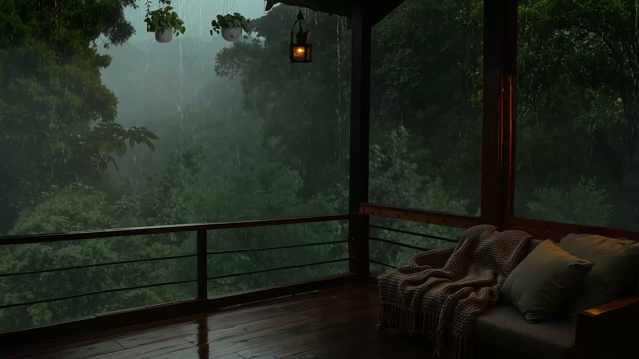 Calm Thunderstorm in the Forest Rain ⛈️  | Balcony Rain Sounds for Restful Nights