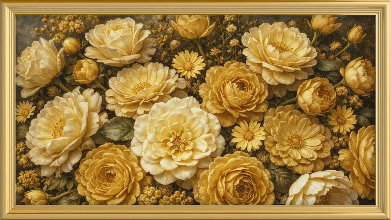 Radiant Golden Roses & Vibrant Floral Art | TV Wallpaper | Free Background | 4K Frame Art