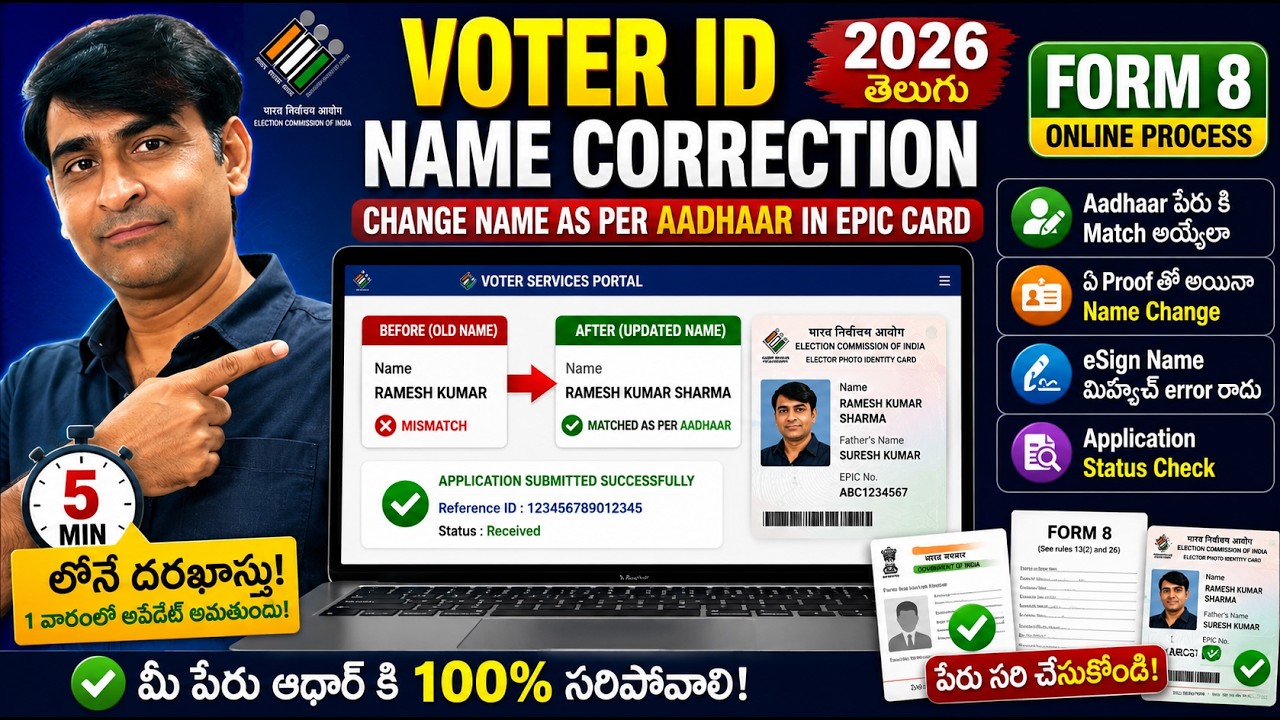 Voter ID Name Correction Online 2026 Telugu | Change Name as Per Aadhaar in EPIC Card | Form 8