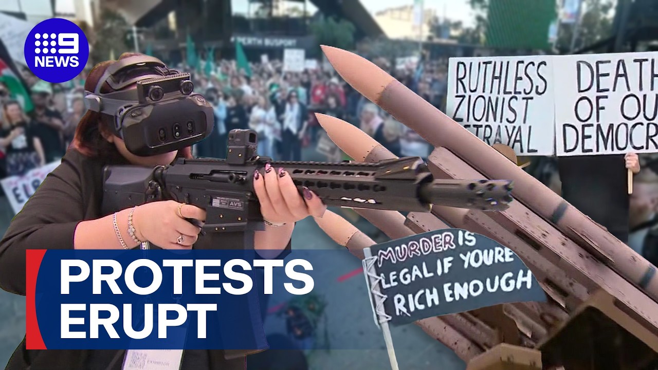 Anti-war protests erupt over controversial weapons expo | 9 News Australia