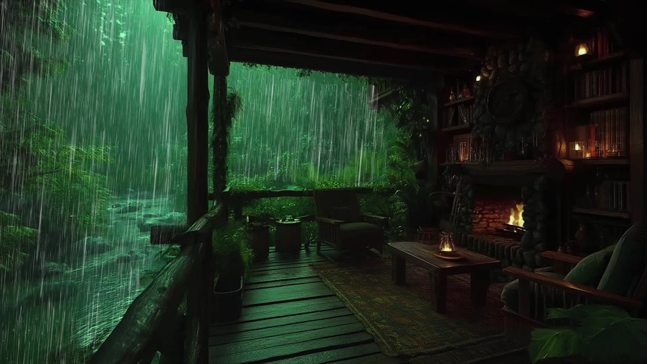 Improve Sleep with Rain & Fire Place In Cozy Wooden Cabin 🛖  Unwind & Relax with Rain