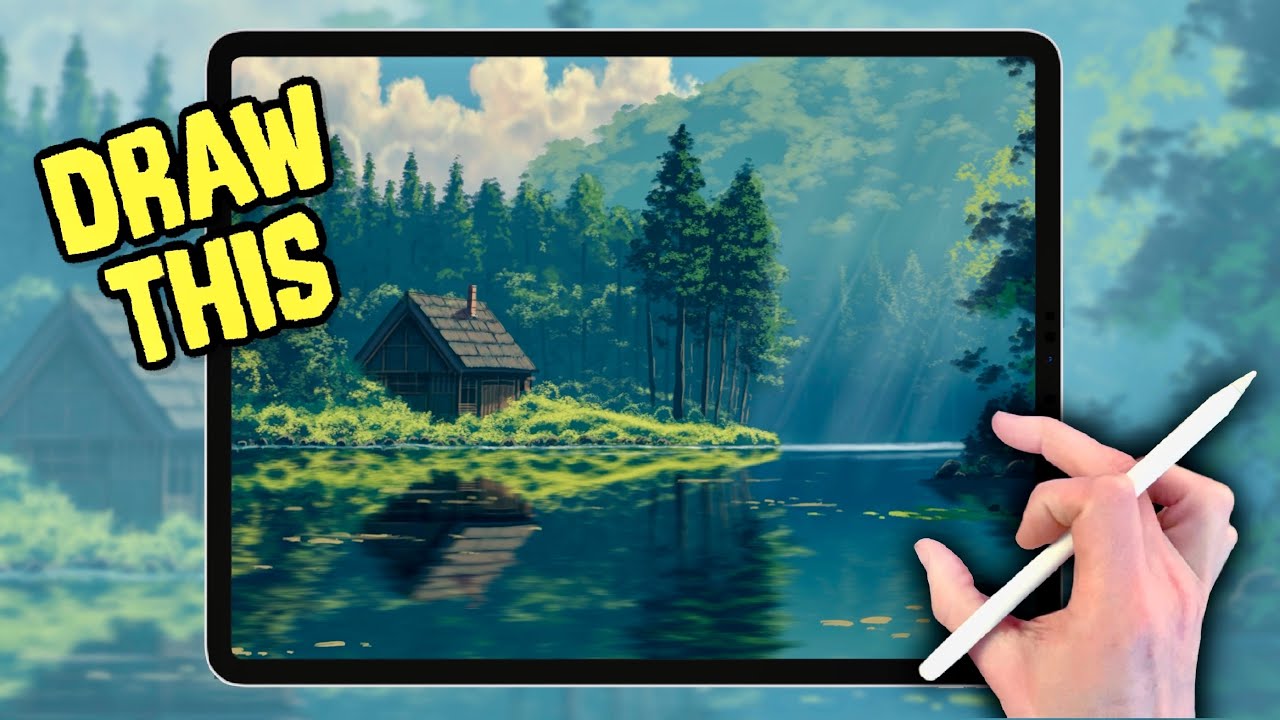 PROCREATE Landscape DRAWING Tutorial in EASY Steps - Cabin by a Lake