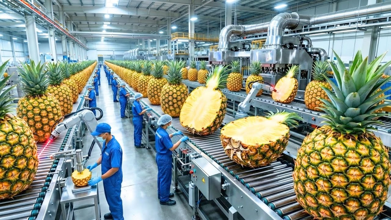 INSIDE A HIGH-TECH PINEAPPLE FACTORY: FRESH FRUIT TO CANNED PINEAPPLE RINGS (FULL PROCESS)