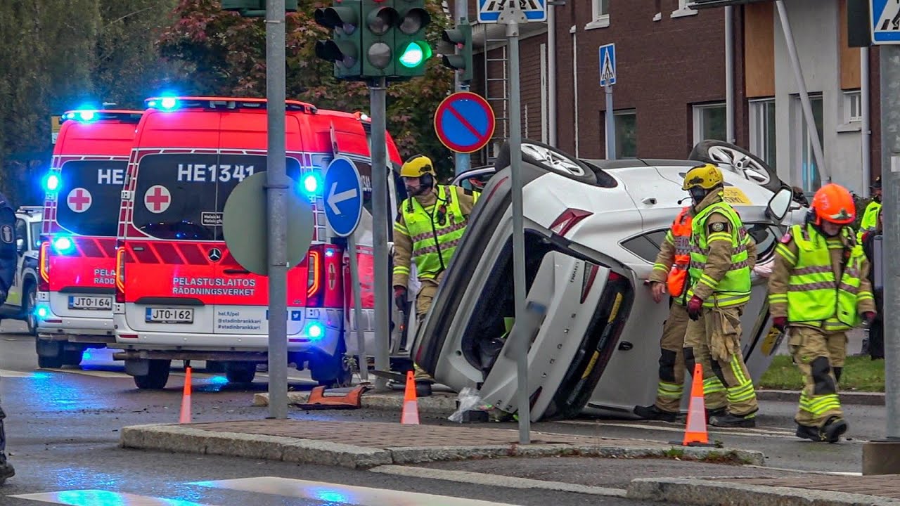 Traffic Accident in Helsinki – Taxi Rolled Over After Collision | Emergency Services in Action!