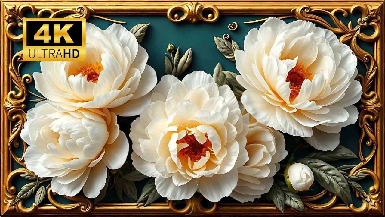 Elegant White Peonies in Vintage Gold Frame | Feng Shui Wall Art for Harmony & Prosperity