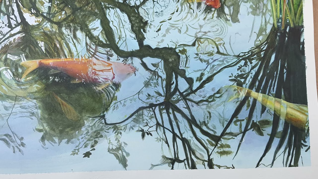 Watercolor painting of koi fish and reflections in the koi pond.