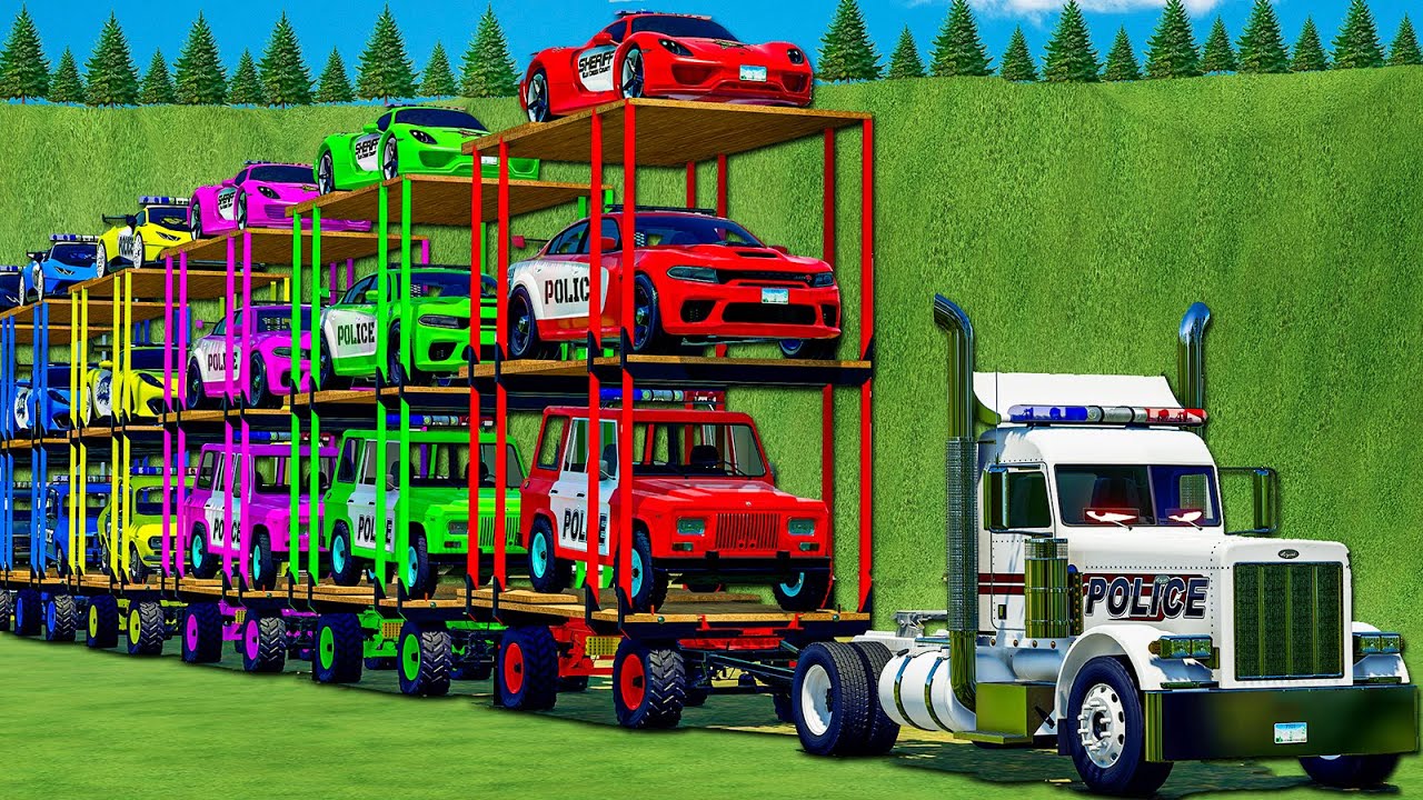 LONG CONVOY TRANSPORT OF COLORS! EXAUST FLAMES COPS LAMBO, ARO, PORSCHE 911! FS 25