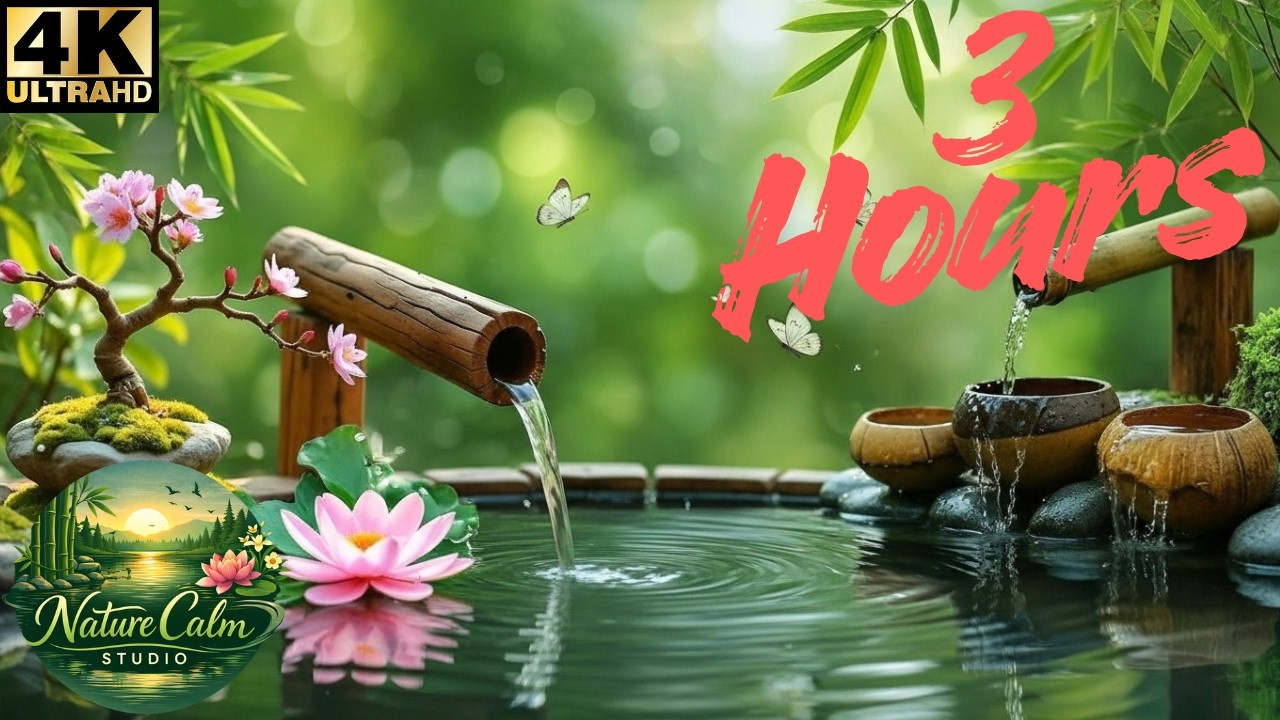 Calm Zen Garden Ambience 🍃 Bamboo Water Fountain & Lotus Relaxation