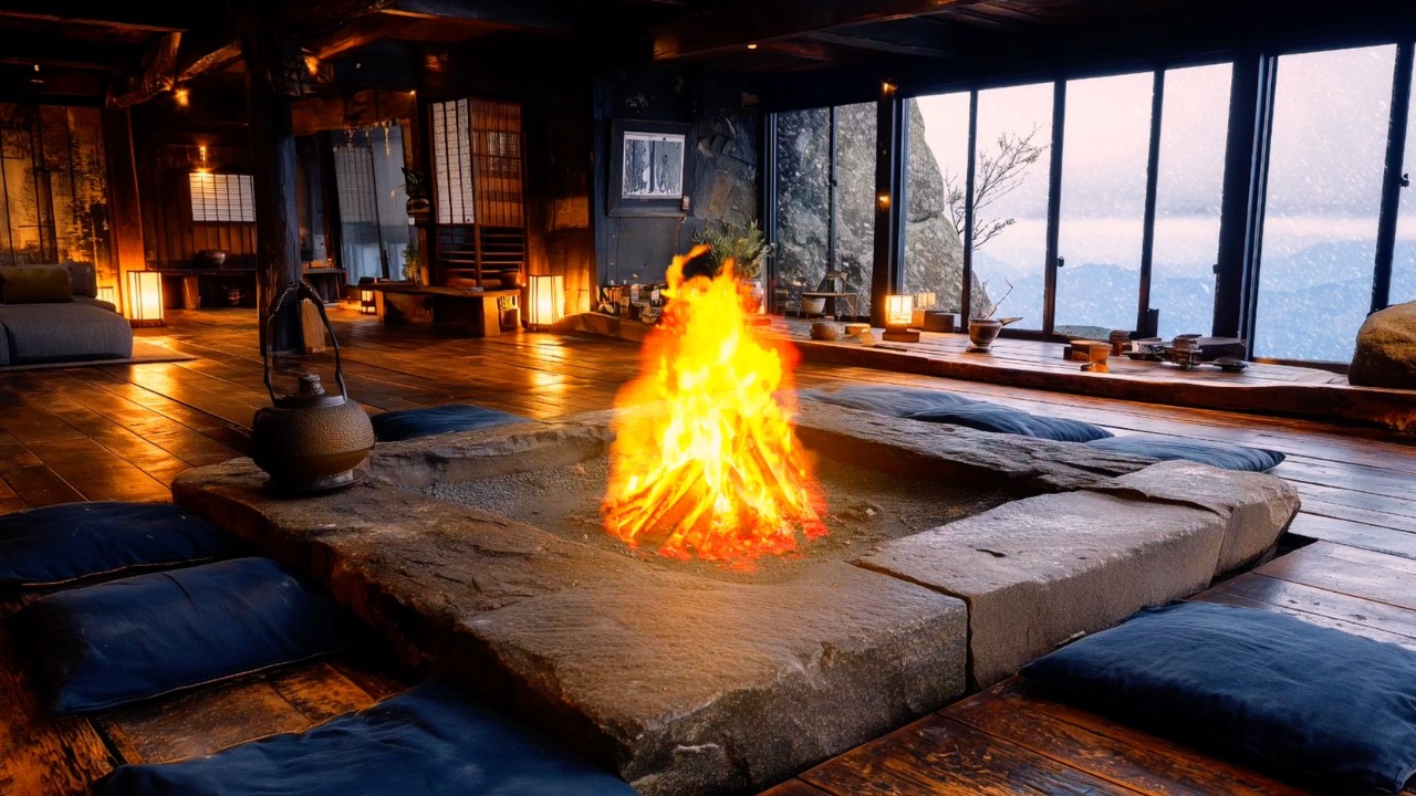 Blizzard Night in a Japanese Cabin | Irori Fire & Snowstorm Sounds for Sleep | 3 Hours 4K