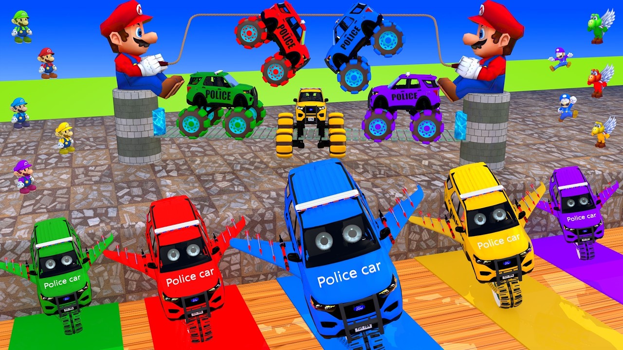 MCQueen car, Police car crosses giant wire loop to reach the finish line in 2026 Which car will win!