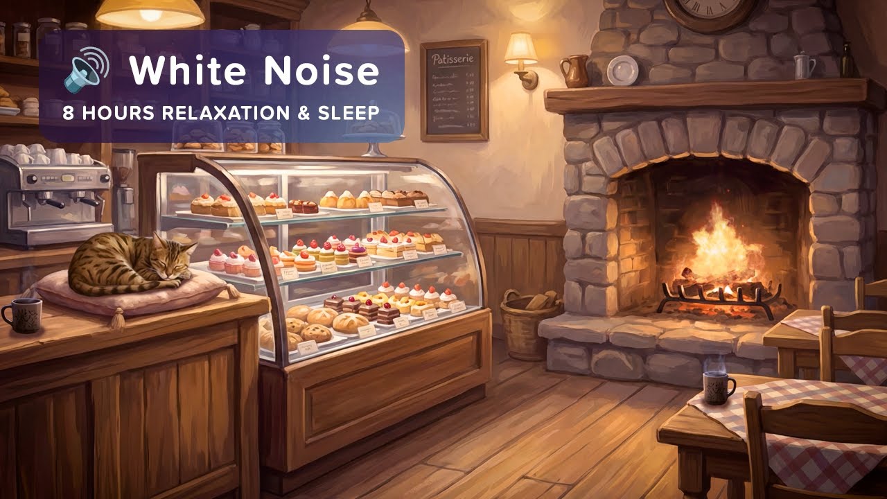 🔊 8 Hours Deep Sleep - Cozy Cat Café | Crackling Fireplace & Gentle Cat Purring