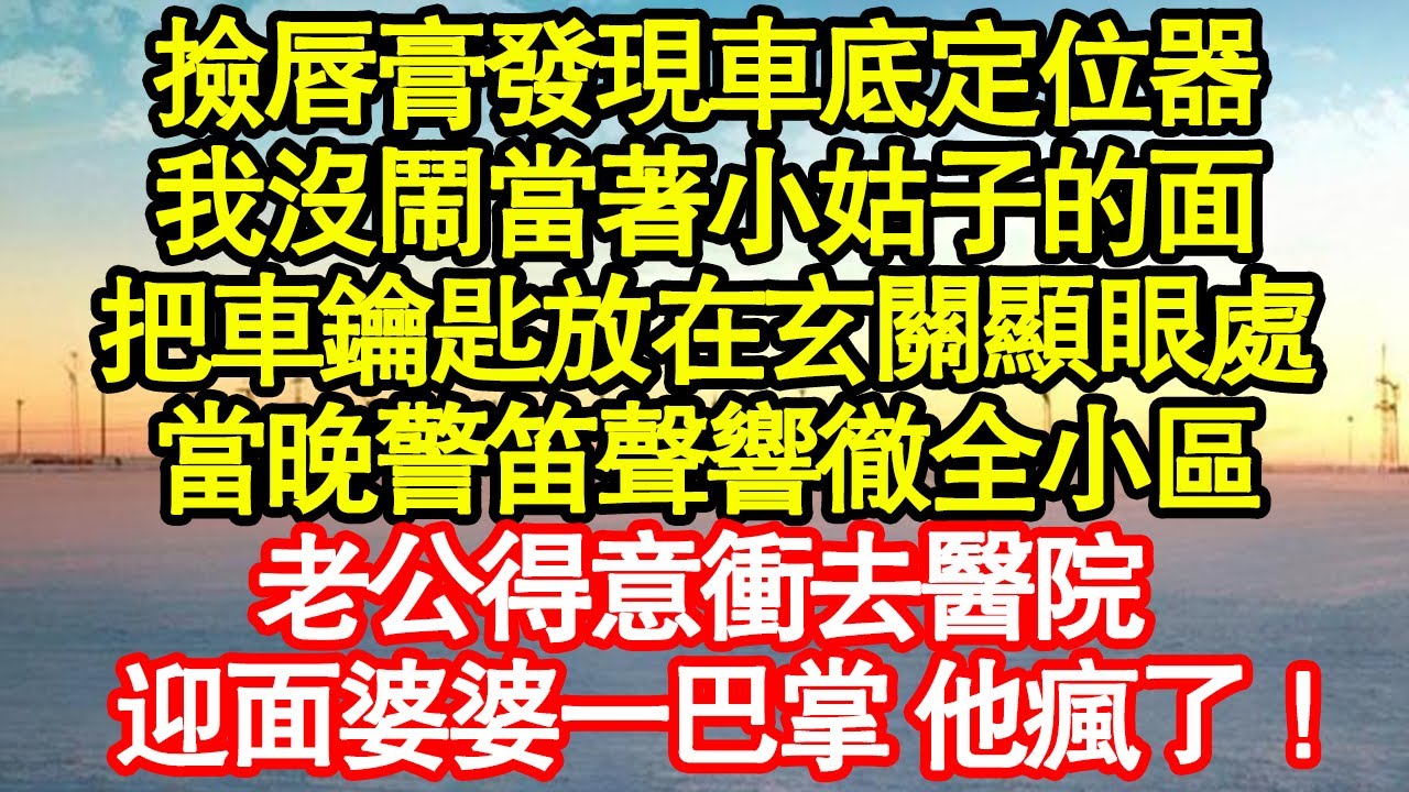 撿唇膏發現車底定位器，我沒鬧當著小姑子的面，把車鑰匙放在玄關顯眼處，當晚警笛聲響徹全小區，老公得意衝去醫院，迎面婆婆一巴掌 他瘋了！真情故事會|老年故事|情感需求|養老|家庭正能量